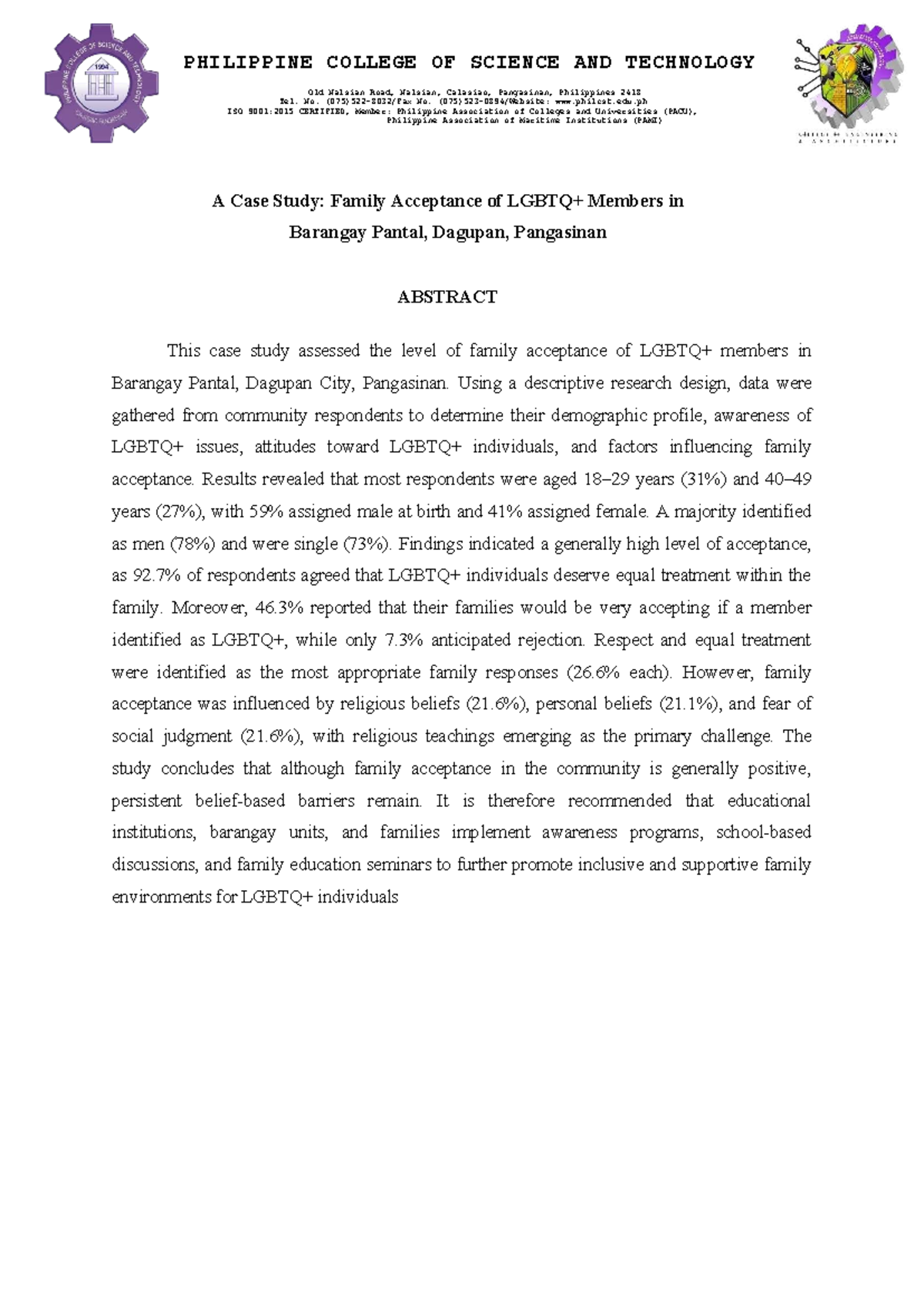 LGBTQ+ Family Acceptance: A Case Study in Barangay Pantal, Dagupan ...