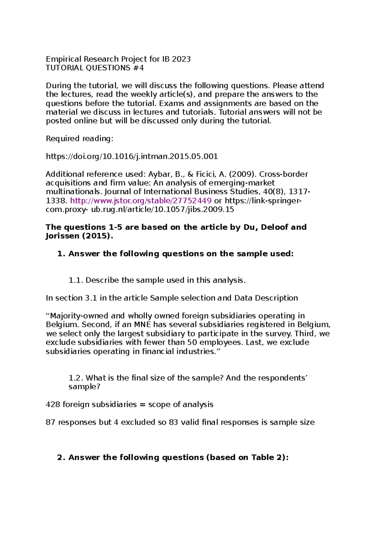 IB 2023 Tutorial 4 Q&A: Empirical Research Project Insights - Studeersnel