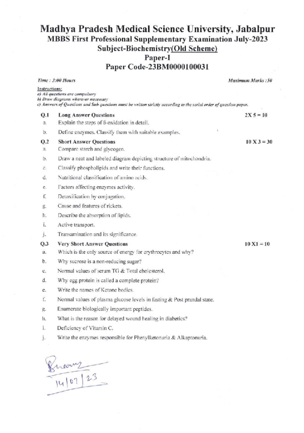 MBBS 1ST PROF. JULY 23 SUPPLEMENTARY EXAM SCHEME & QUESTIONS - Studocu