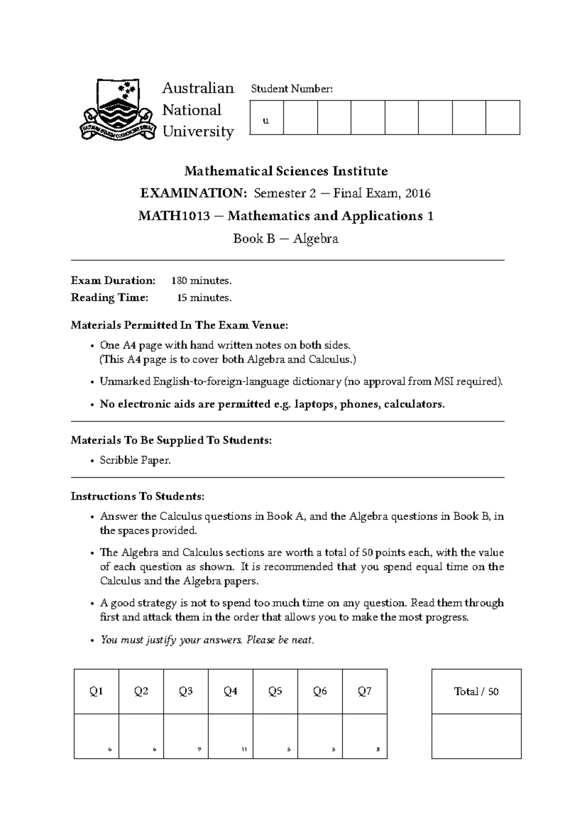 MATH1013 SAMPLE Final Exam Questions and Solutions, Semester 1, 2024 ...