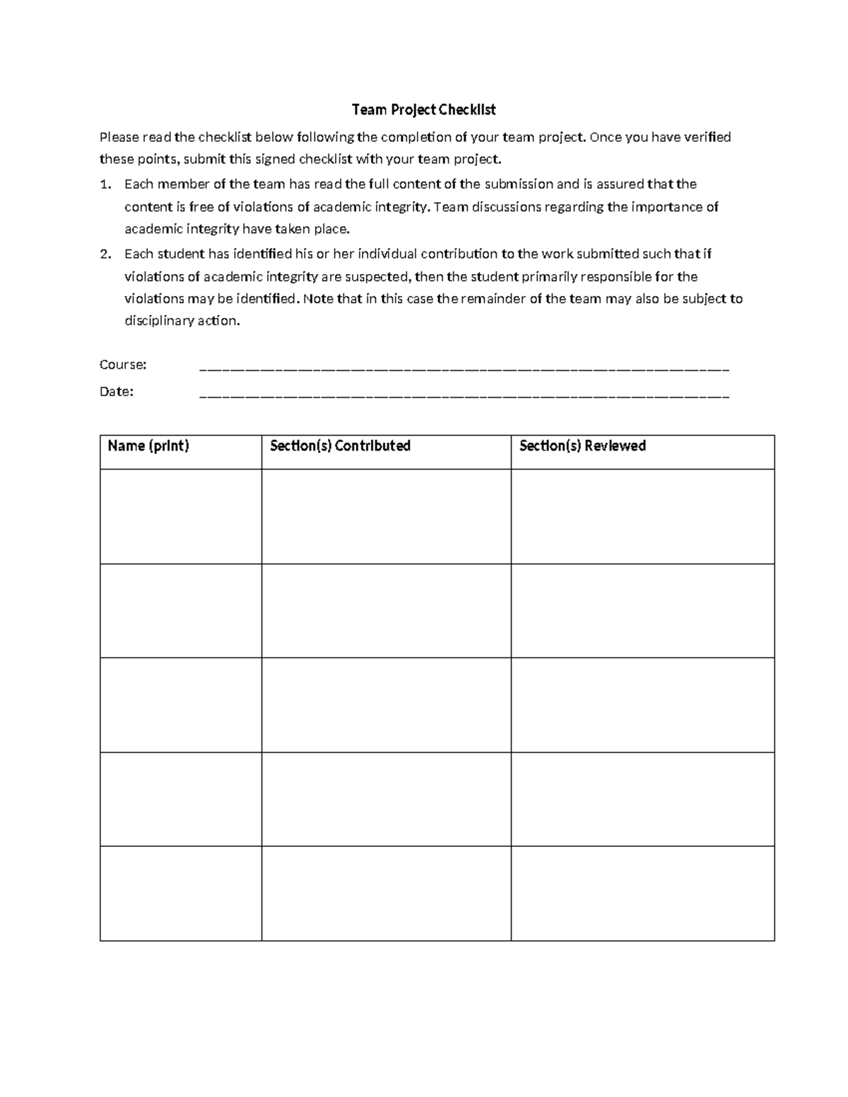 Team project Checklist - Team Project Checklist Please read the ...