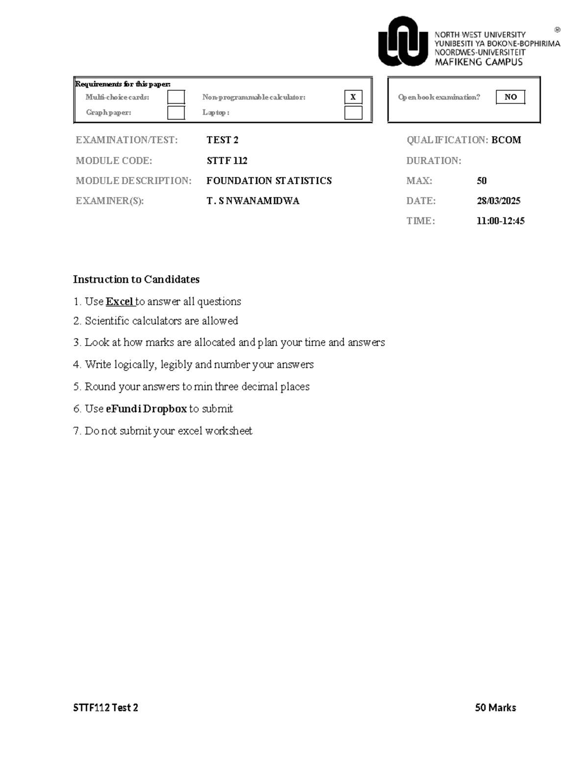 STTF 112 - Test 2: Foundation Statistics Exam Instructions and ...