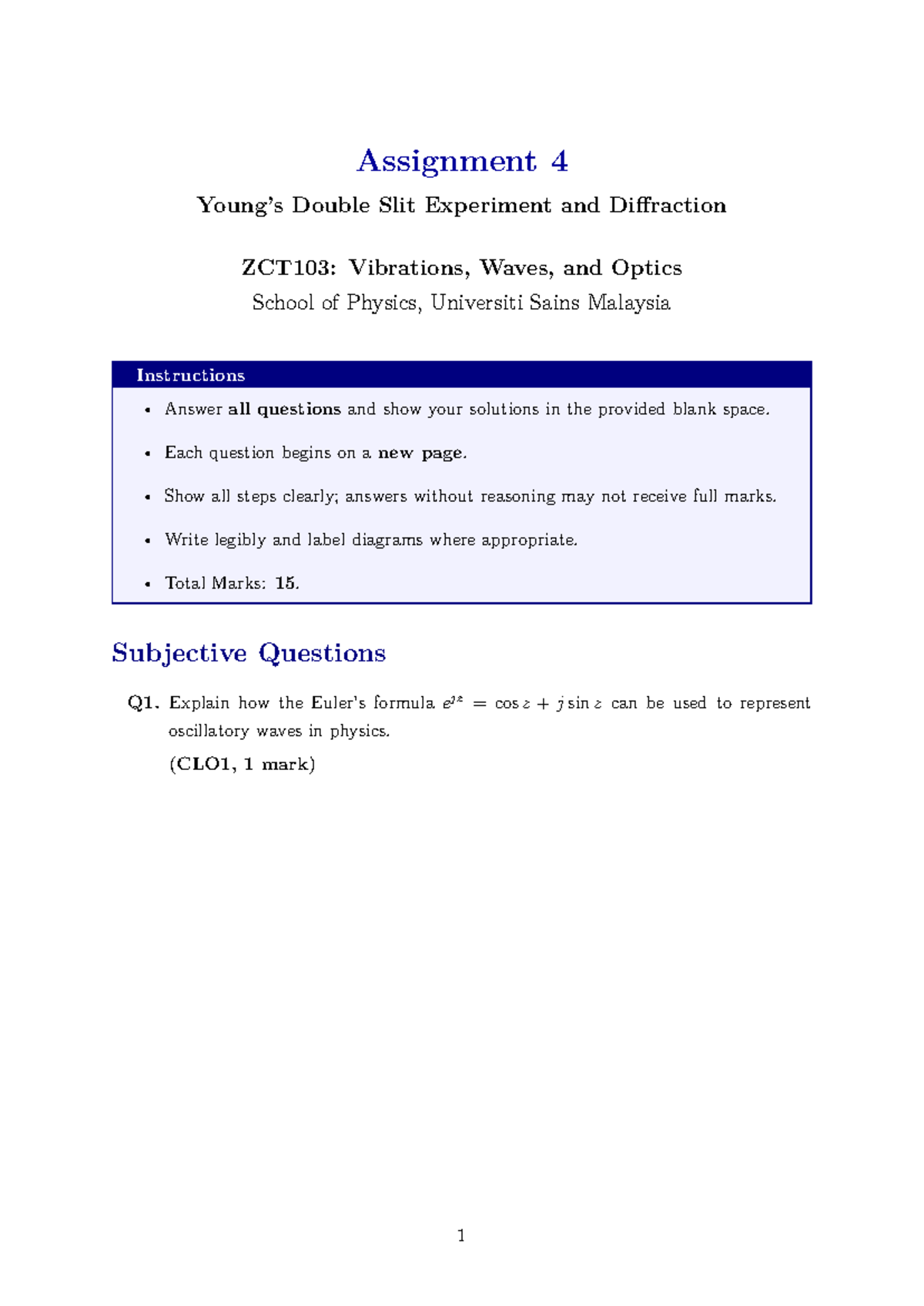 ZCT103: Assignment 4 on Double Slit Experiment & Diffraction - Studocu