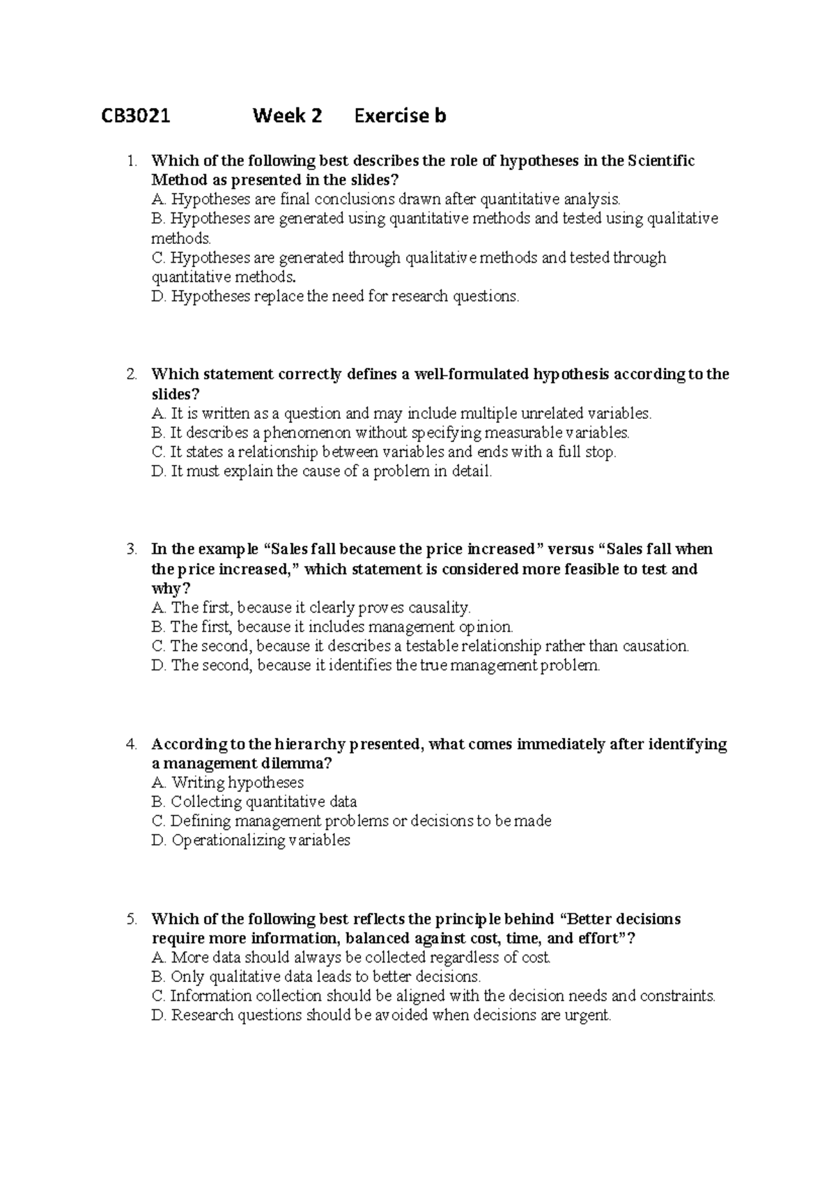 CB3021 Week 2 Exercise B: Hypotheses in the Scientific Method - Studocu