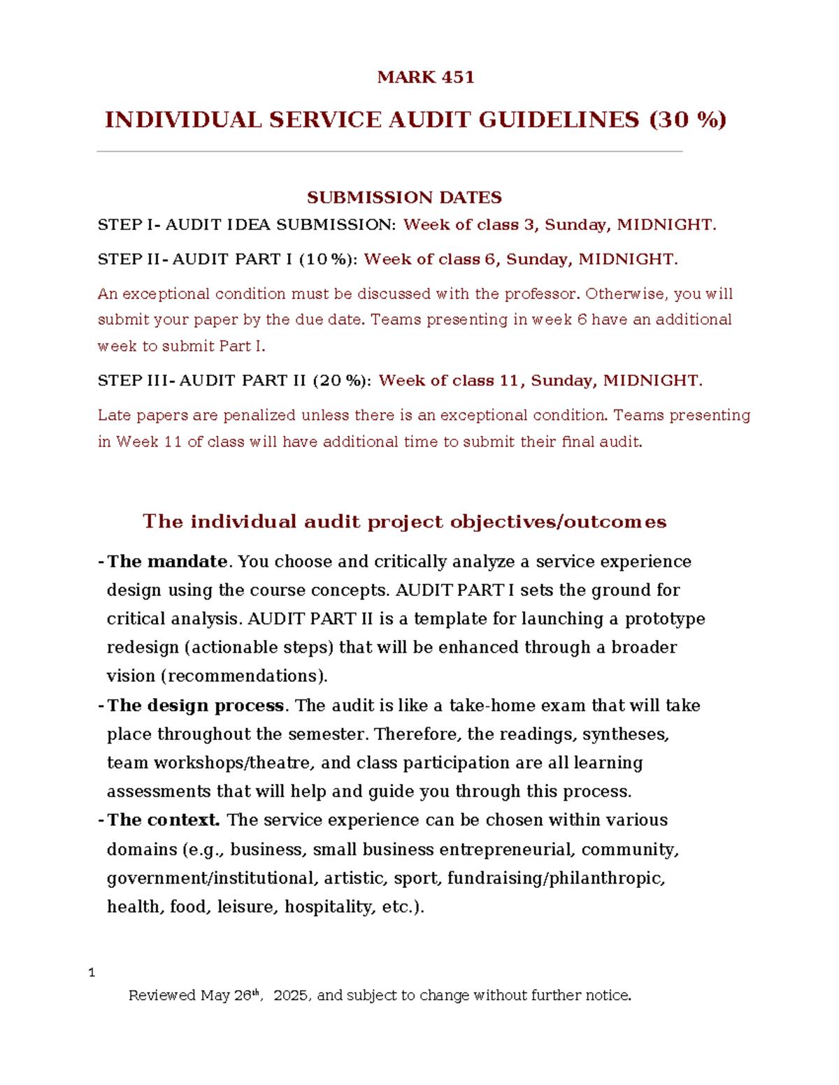 Individual Service Audit Guidelines - MARK 451 - Studocu