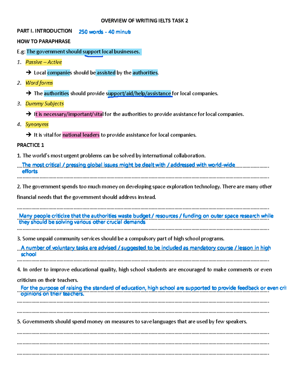 Overview of Writing IELTS Task 2: Paraphrasing Techniques - Studocu