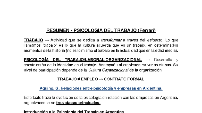 Resumen - Psicología DEL Trabajo en Argentina (Ferrari) - Document Preview
