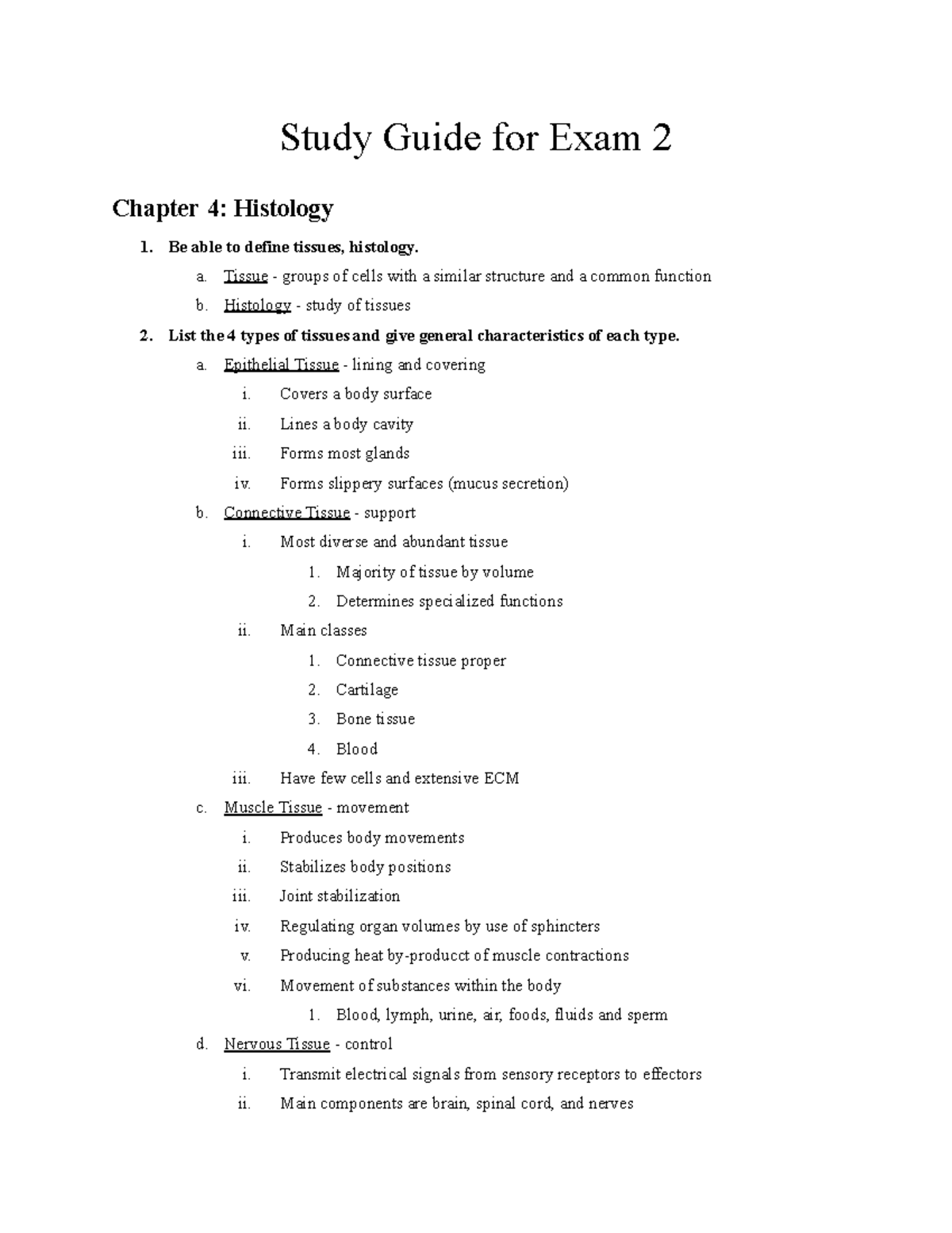 Study Guide for Exam 2: Histology and Tissue Types - Studocu