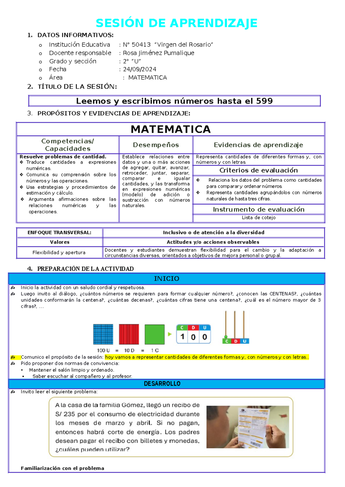 Lección de Matemática 2° "U" - Números hasta el 599 (24/09) - Document Preview