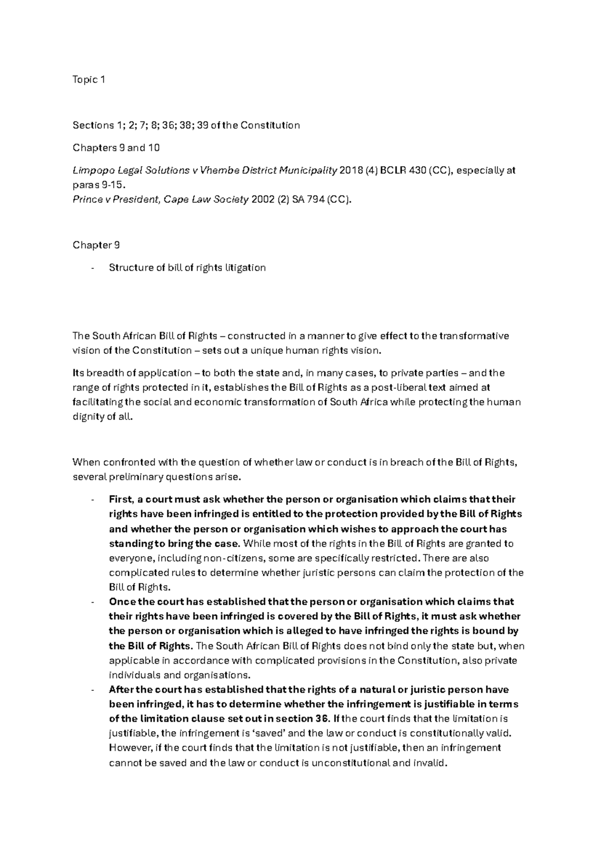 Bo R - Topic 1 - Bill of Rights Litigation Overview and Analysis - Studocu