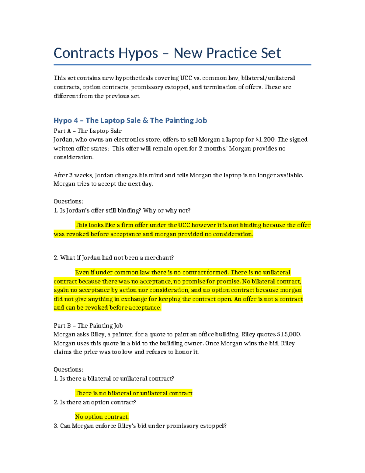 Contracts Hypos Practice Set: UCC vs. Common Law Analysis - Studocu