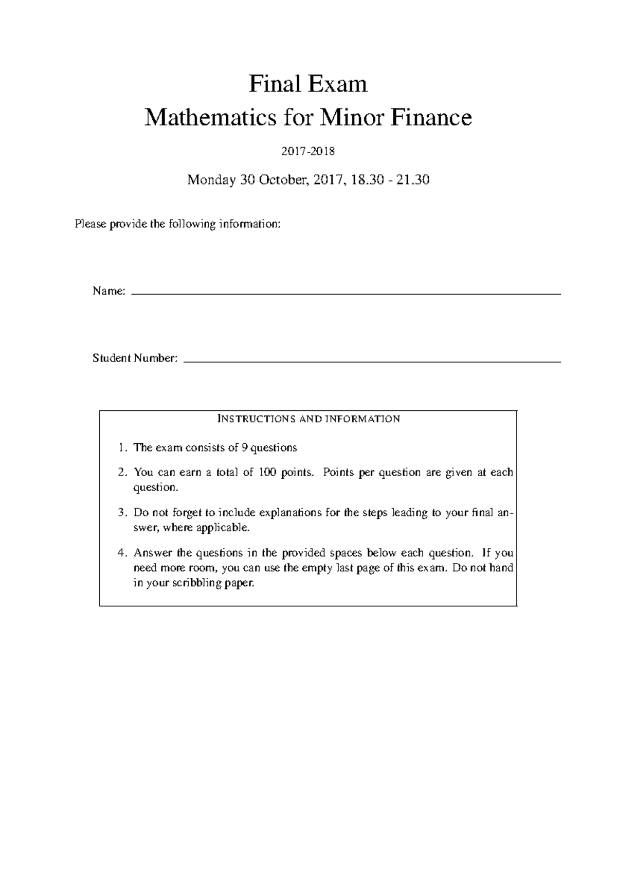 Final Exam Mathematics for Minor Finance (Oct 30, 2017) - Questions ...