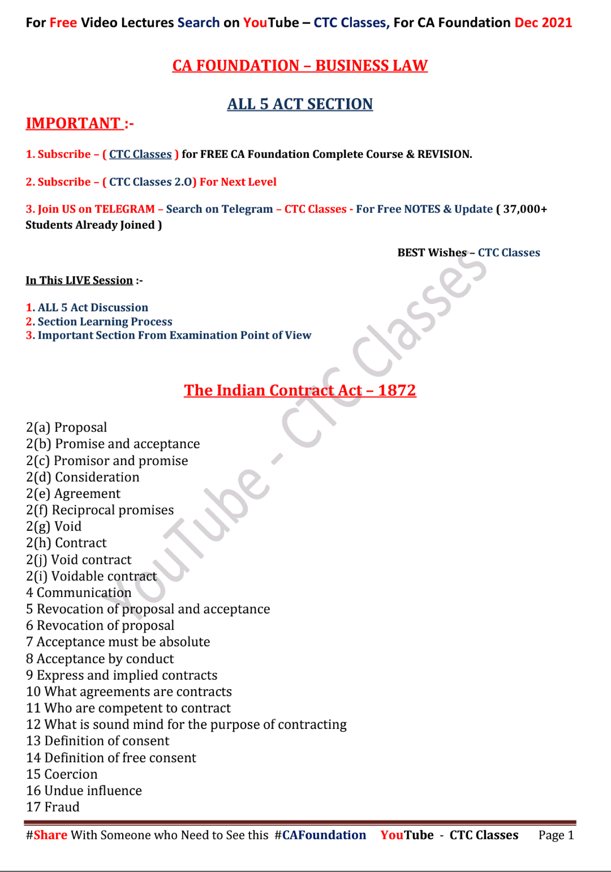 Comprehensive Section Overview for CA Foundation Business Law - CTC ...