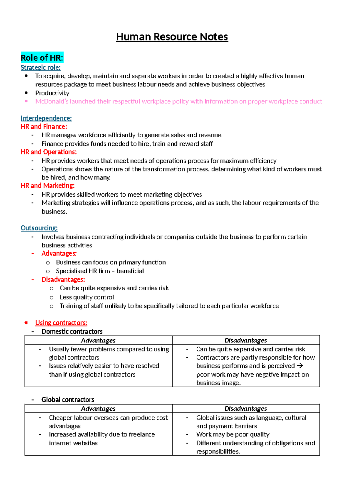 Human resource notes: Strategic role and stakeholder influences - Studocu
