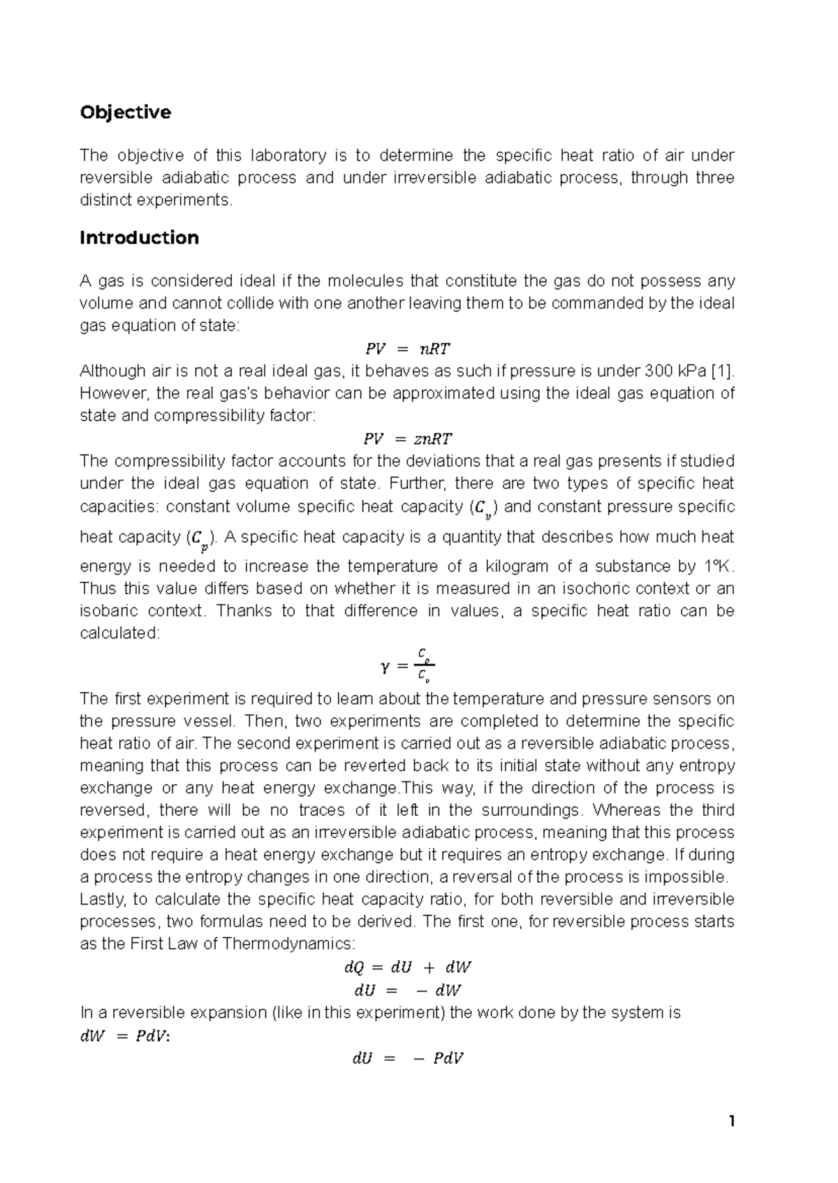 Thermo II Lab Report: Specific Heat Ratio of Air (Experiments 1-3 ...