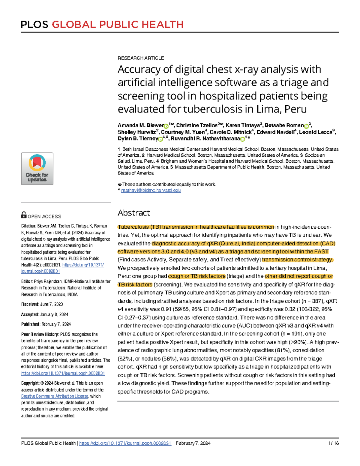Accuracy of Digital Chest X-Ray for TB Diagnosis: A Study in Lima, Peru ...