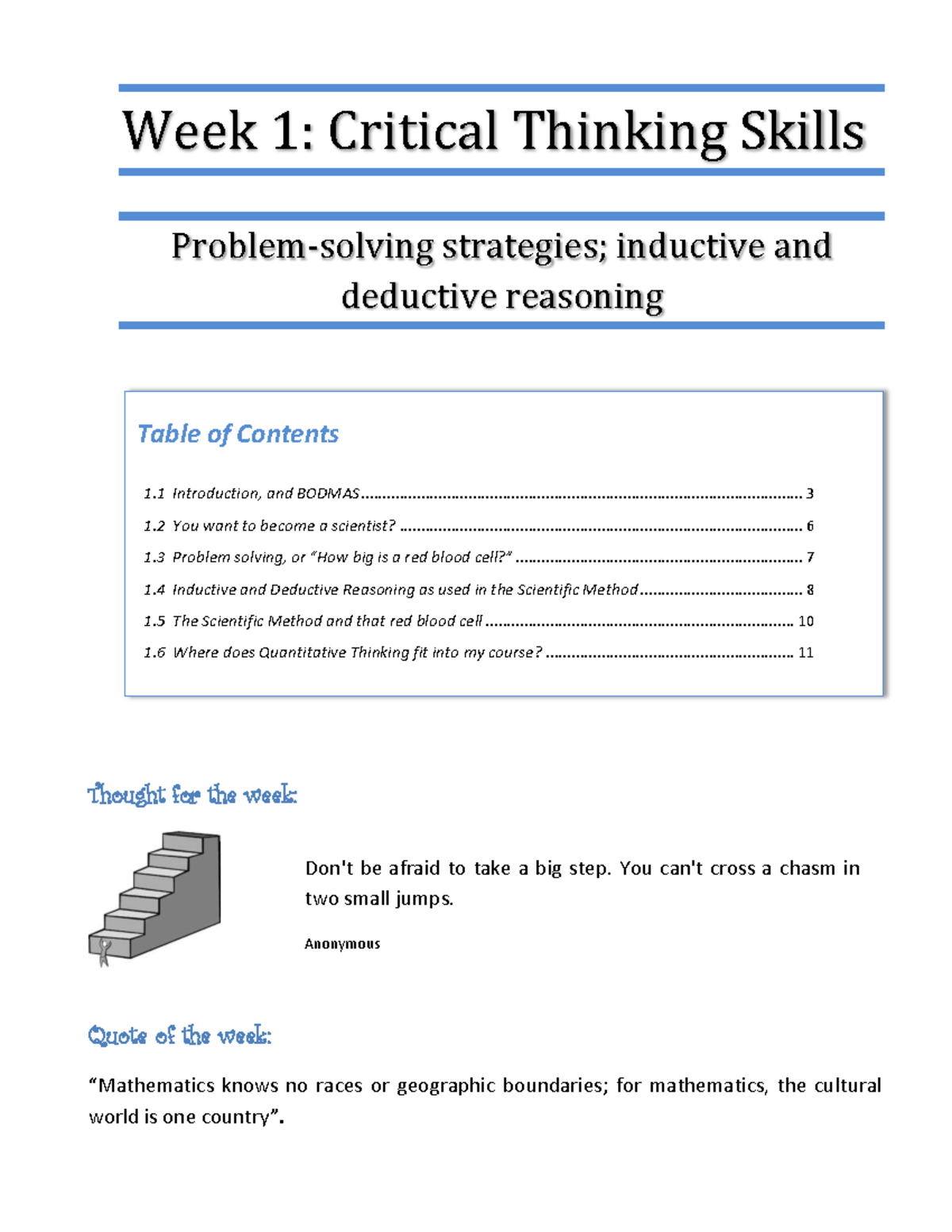 Lecture 1 - Critical Thinking Skills - Table of Contents Week 1 ...