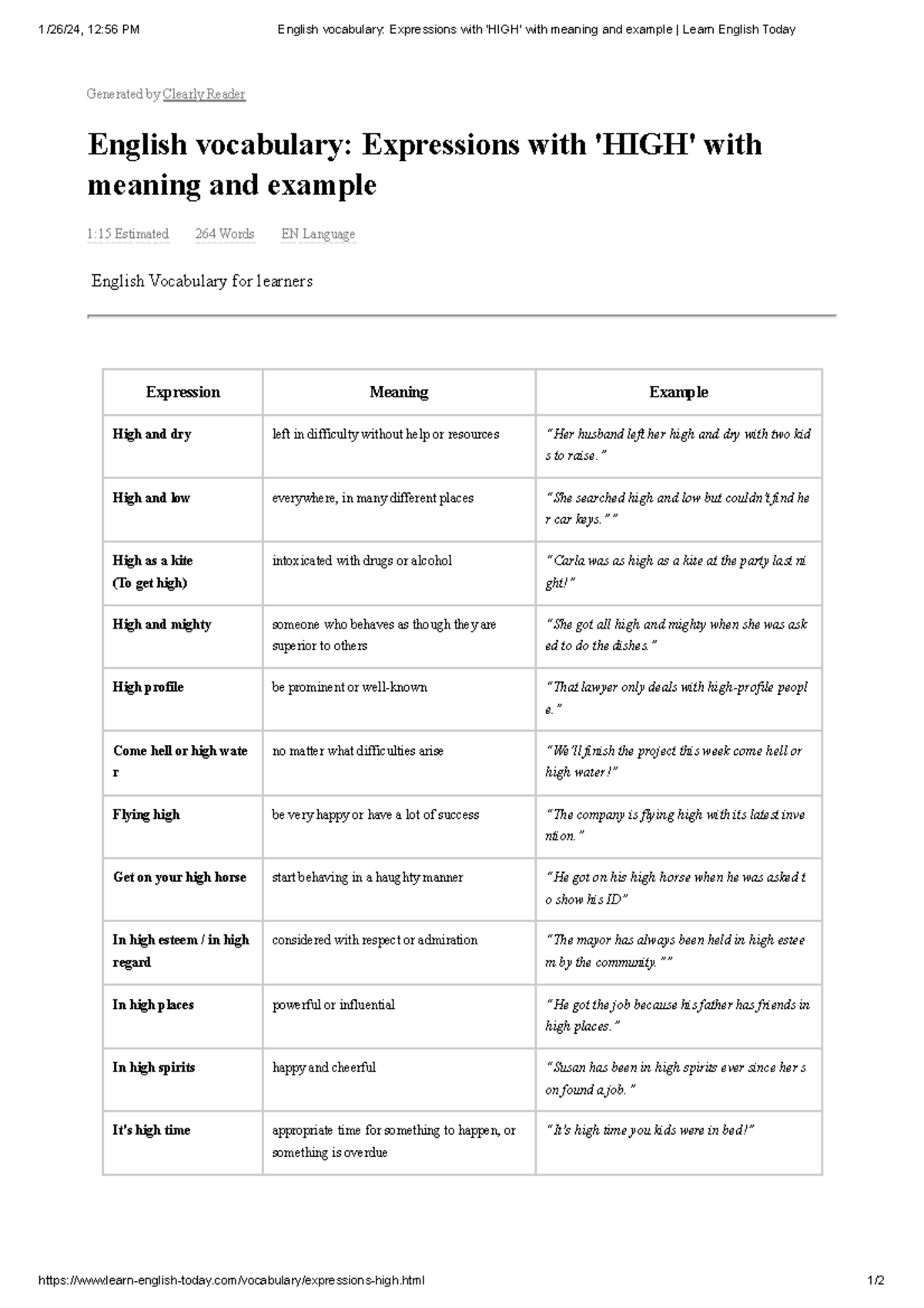 Expressions with 'HIGH': Meanings & Examples for English Learners - Studocu