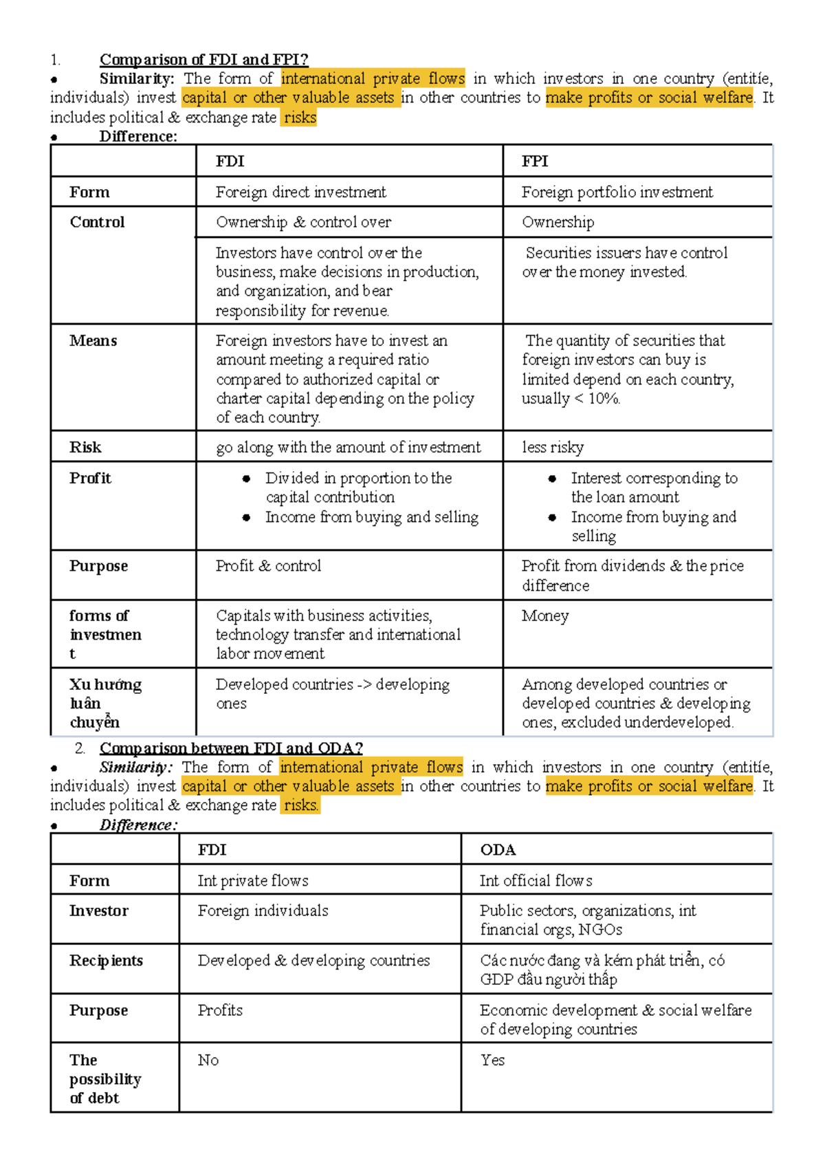 ĐTQT Final Exam Notes: FDI, FPI, ODA and TNC Impacts Study - Studocu
