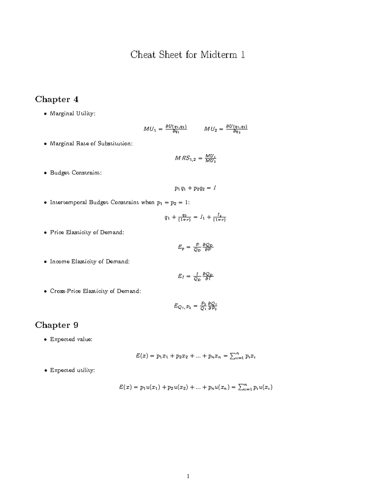 Midterm 1 Cheat Sheet: Marginal Utility & Elasticity Concepts - Studocu