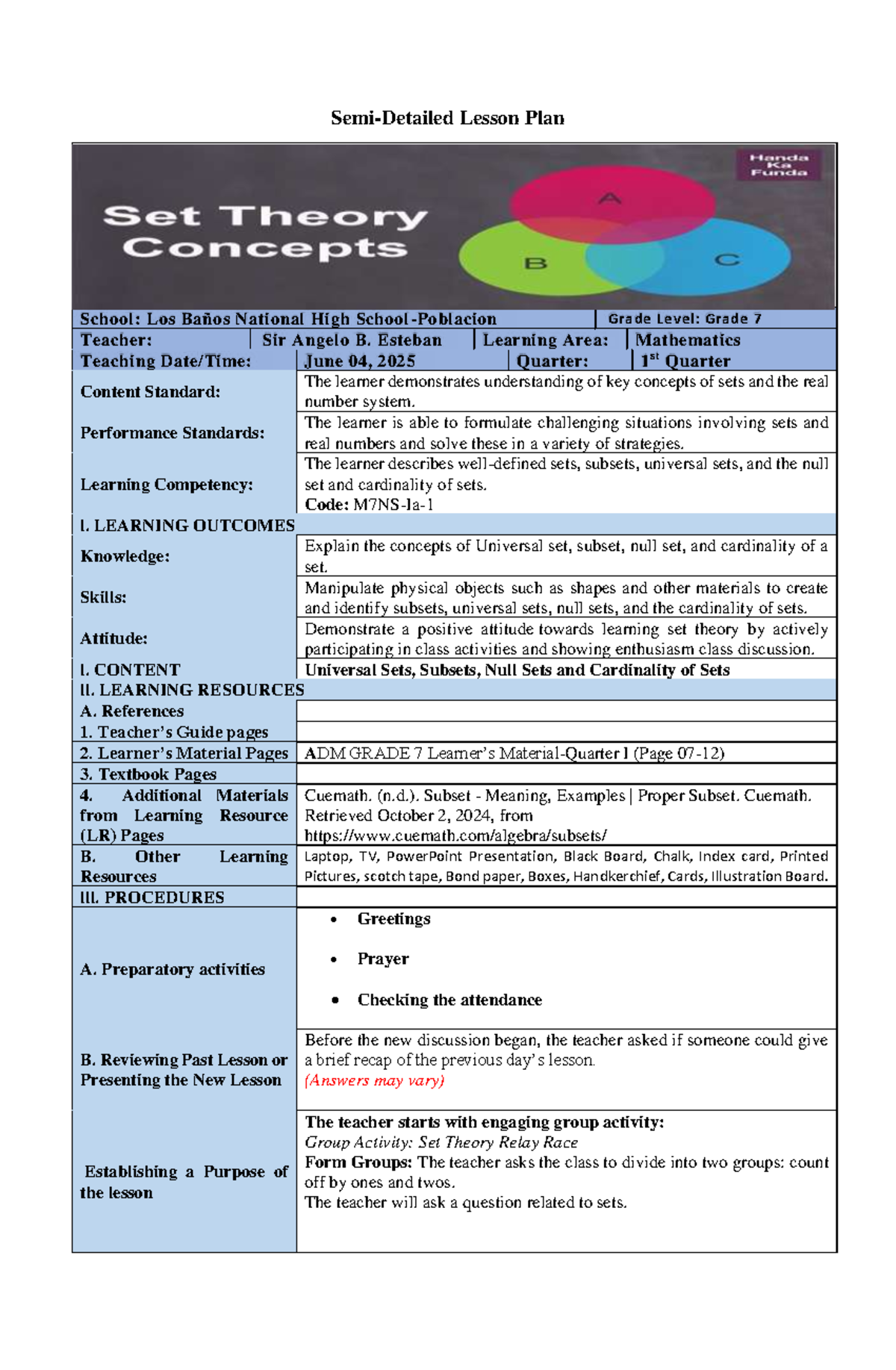 SEMI Detailed Lesson Plan: Set Theory for Grade 7 (Math) - Studocu
