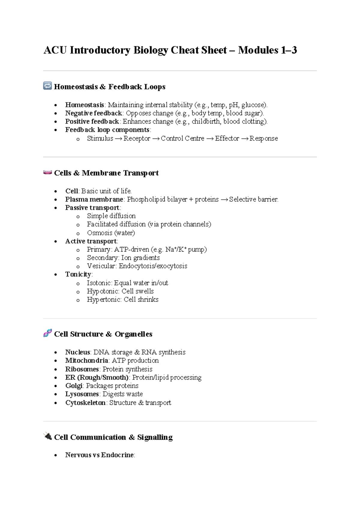 ACU Introductory Biology Cheat Sheet: Homeostasis & Cell Functions ...