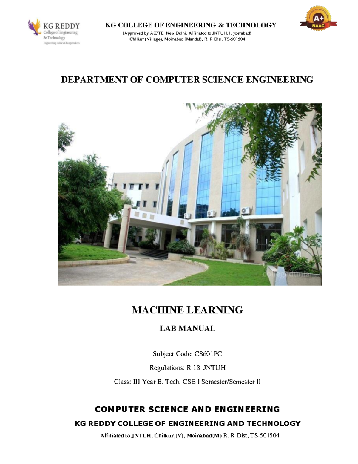 CS601PC - Machine Learning Lab Manual for III Year B. Tech CSE - Studocu