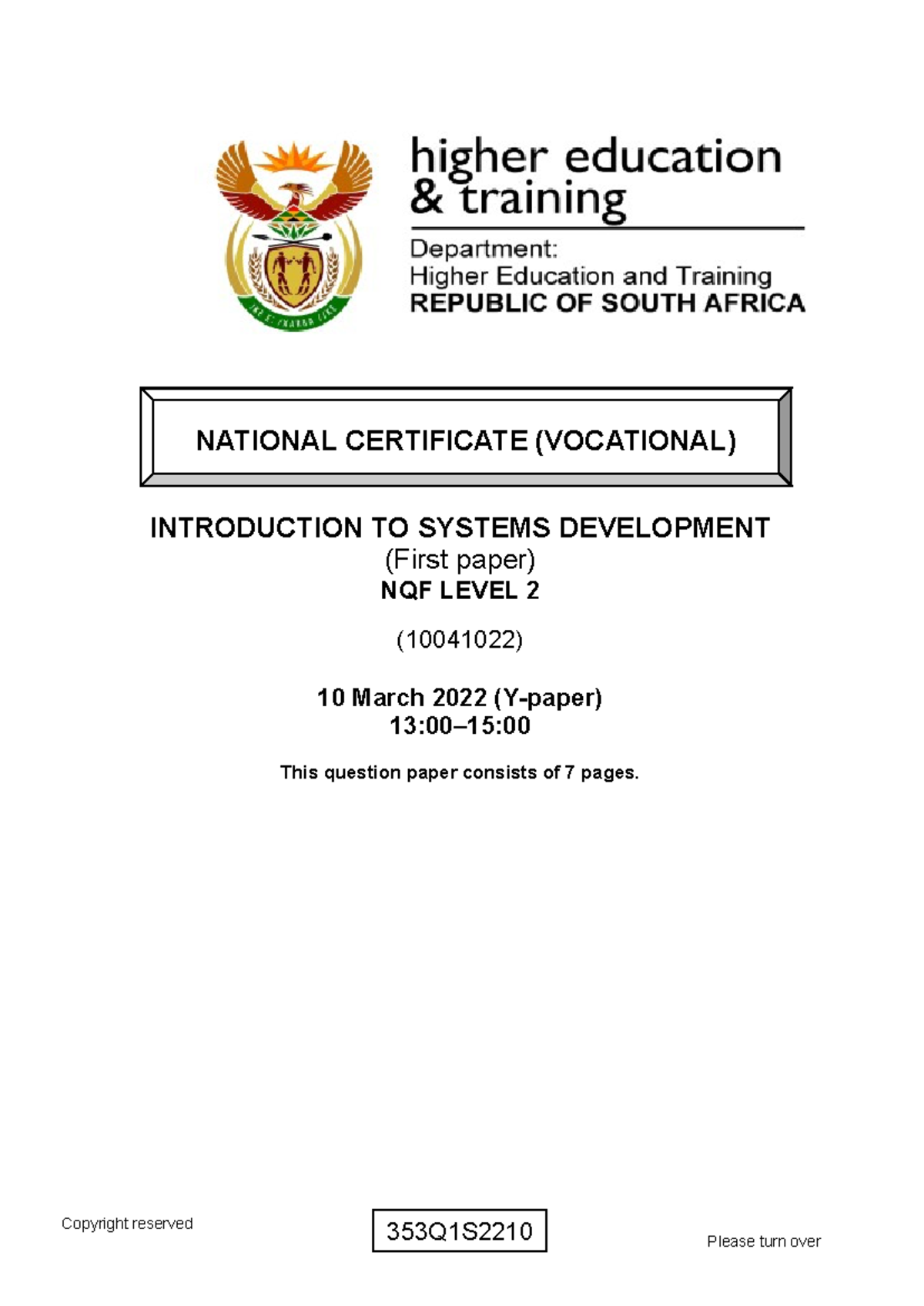 Introduction to Systems Development L2 (10041022) First Paper QP 2022 ...