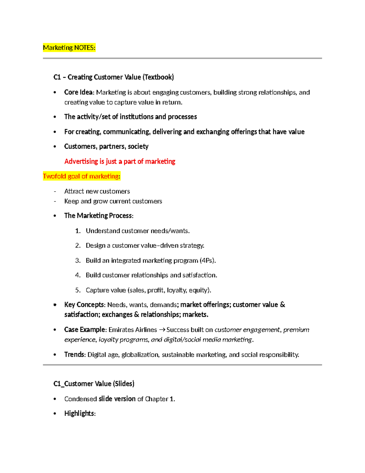 Marketing NOTES: C1 Creating Customer Value and Strategies - Studocu