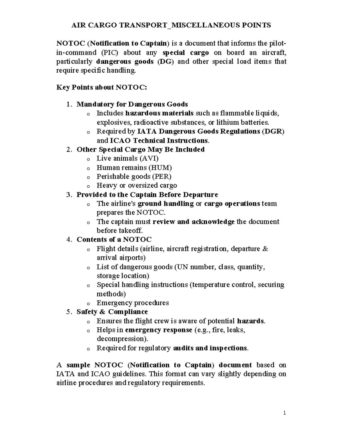 AIR CARGO TRANSPORT: NOTOC & DANGEROUS GOODS GUIDELINES STU - Studocu