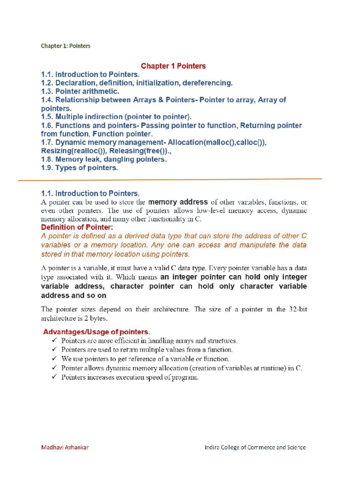 Chapter 1 pointers Notes - Chapter 1: Pointers Chapter 1 Pointers 1 ...