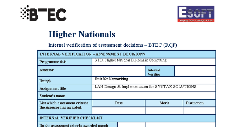 BTEC HND Computing Unit 02: Networking Internal Verification Report ...