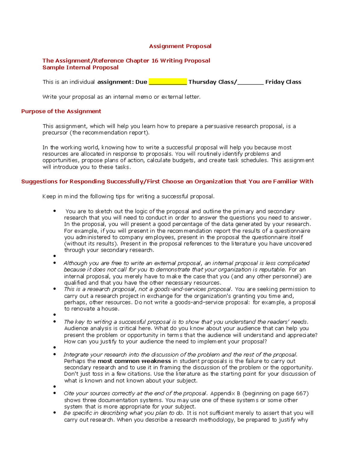 Revised Assignment Proposal for Class X: Writing Assignment Guidance ...