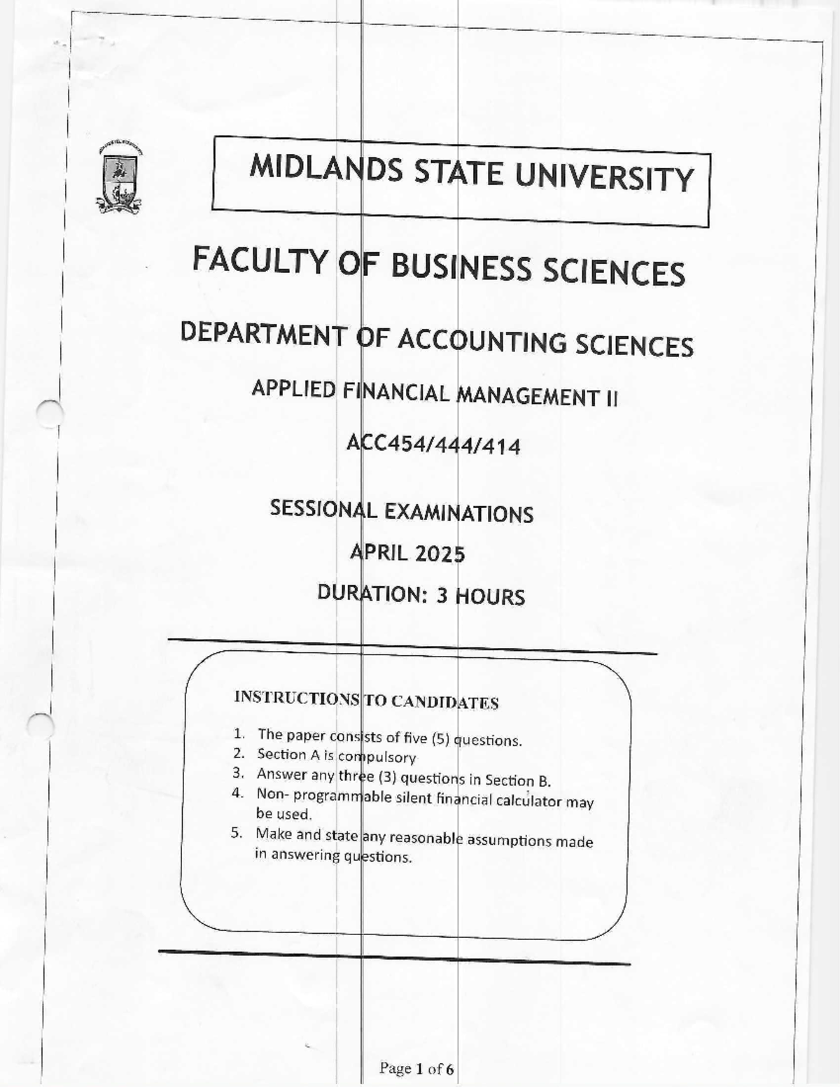 ACC454/444/414 Applied Financial Management II Sessional Exam April ...