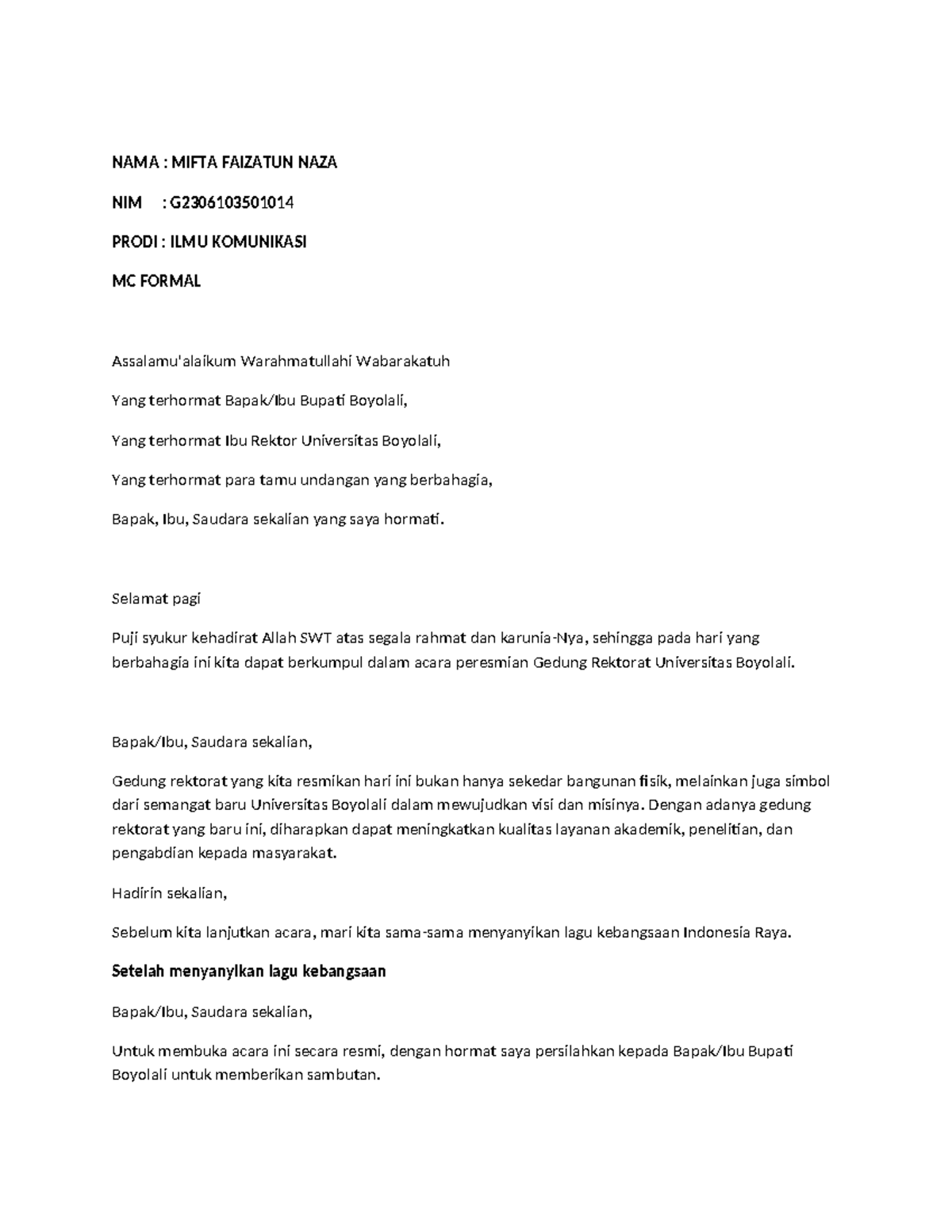 MC Formal Speaking Script for ILMU KOMUNIKASI Students - Studocu