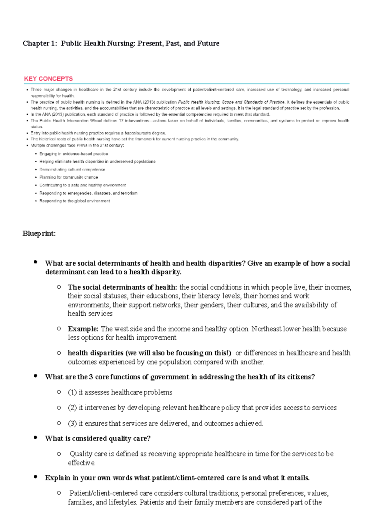 PHN 101: Chapter 1 Blueprint - Public Health Nursing Overview - Studocu
