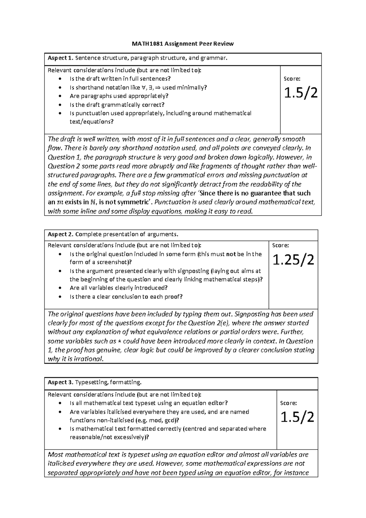 MATH1081 Assignment Peer Review: Structure, Arguments, and Formatting ...