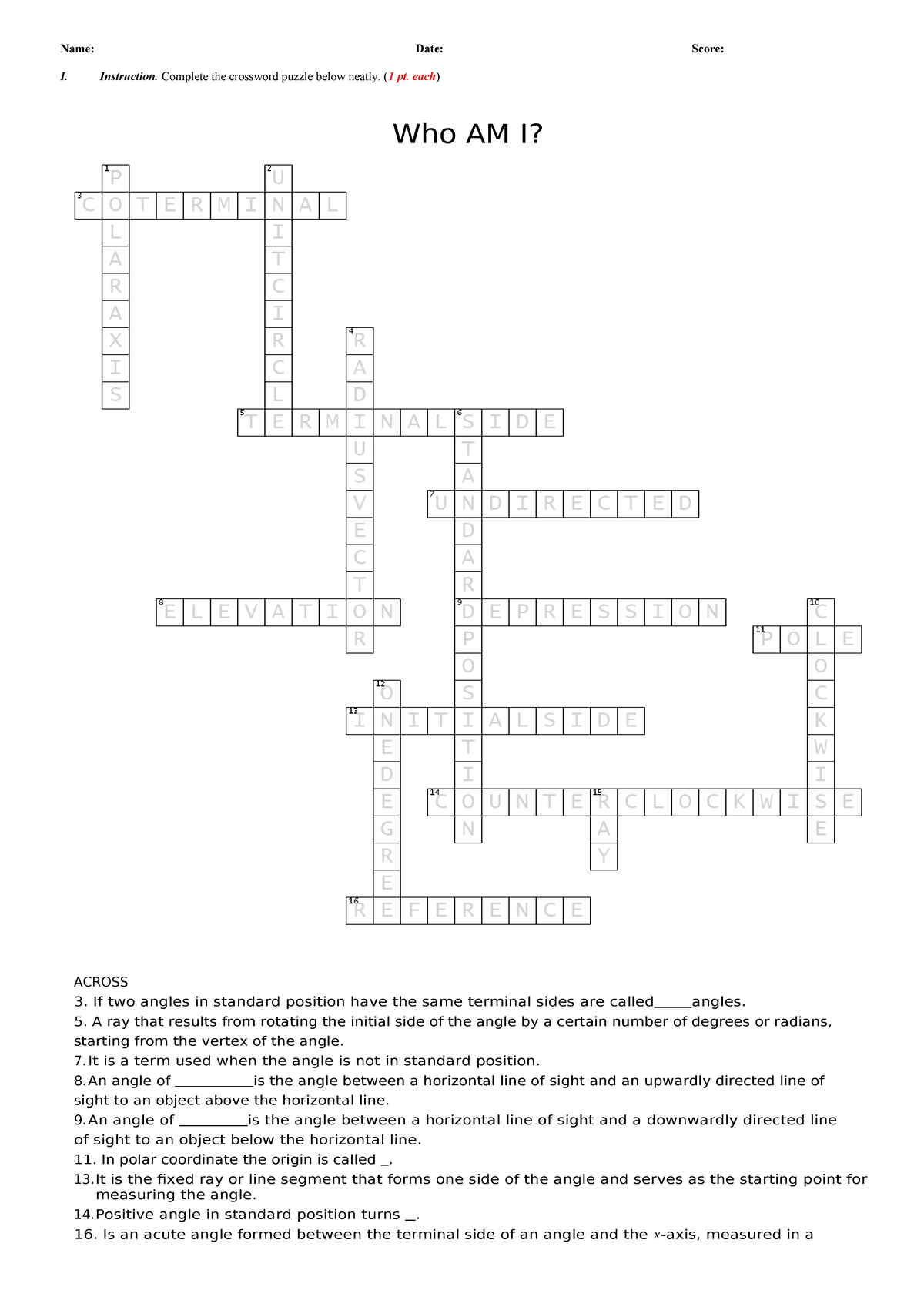 3rd Quiz Answer Key: Geometry Crossword Puzzle Solutions - Studocu