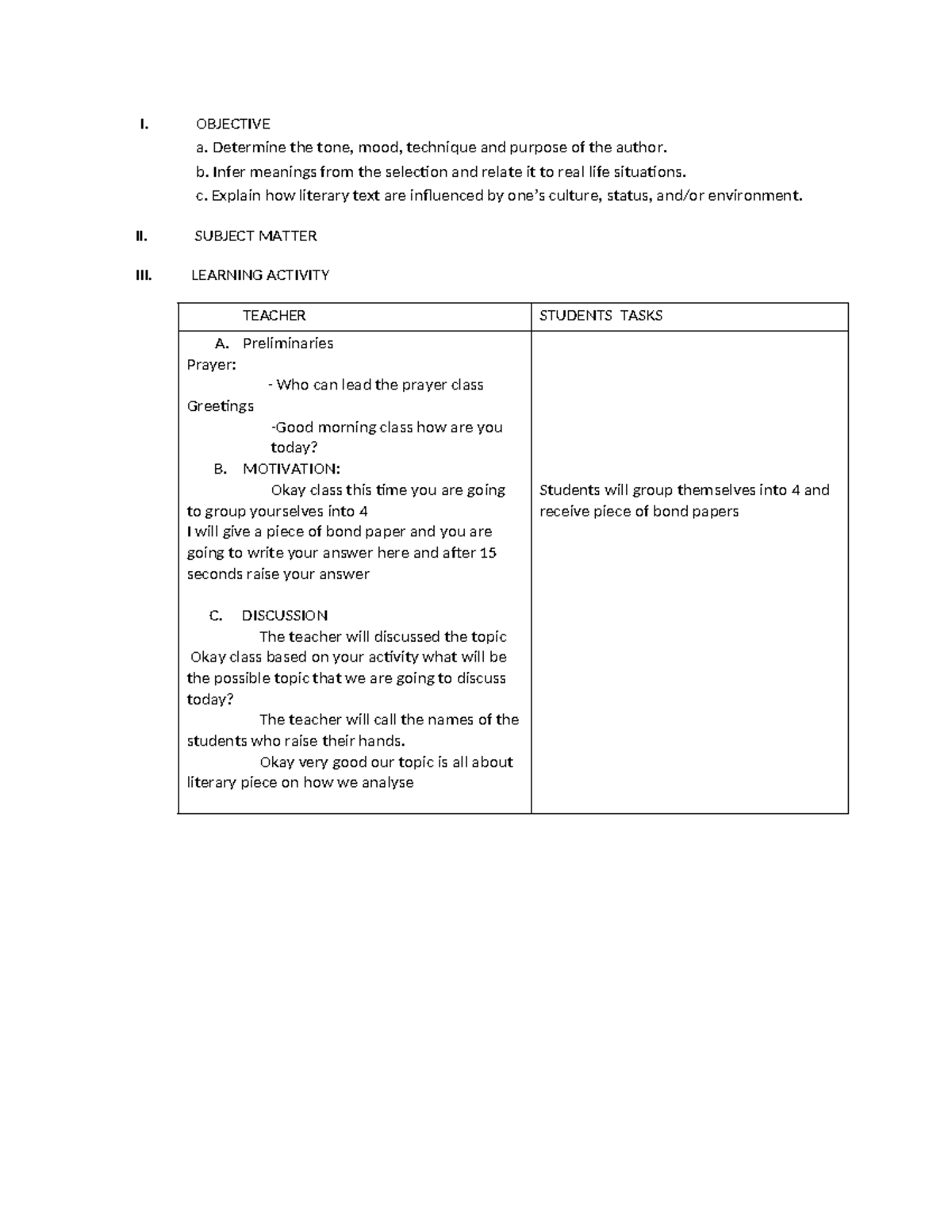 Detailed Lesson Plan: Analyzing Literary Texts (DLL) - Studocu
