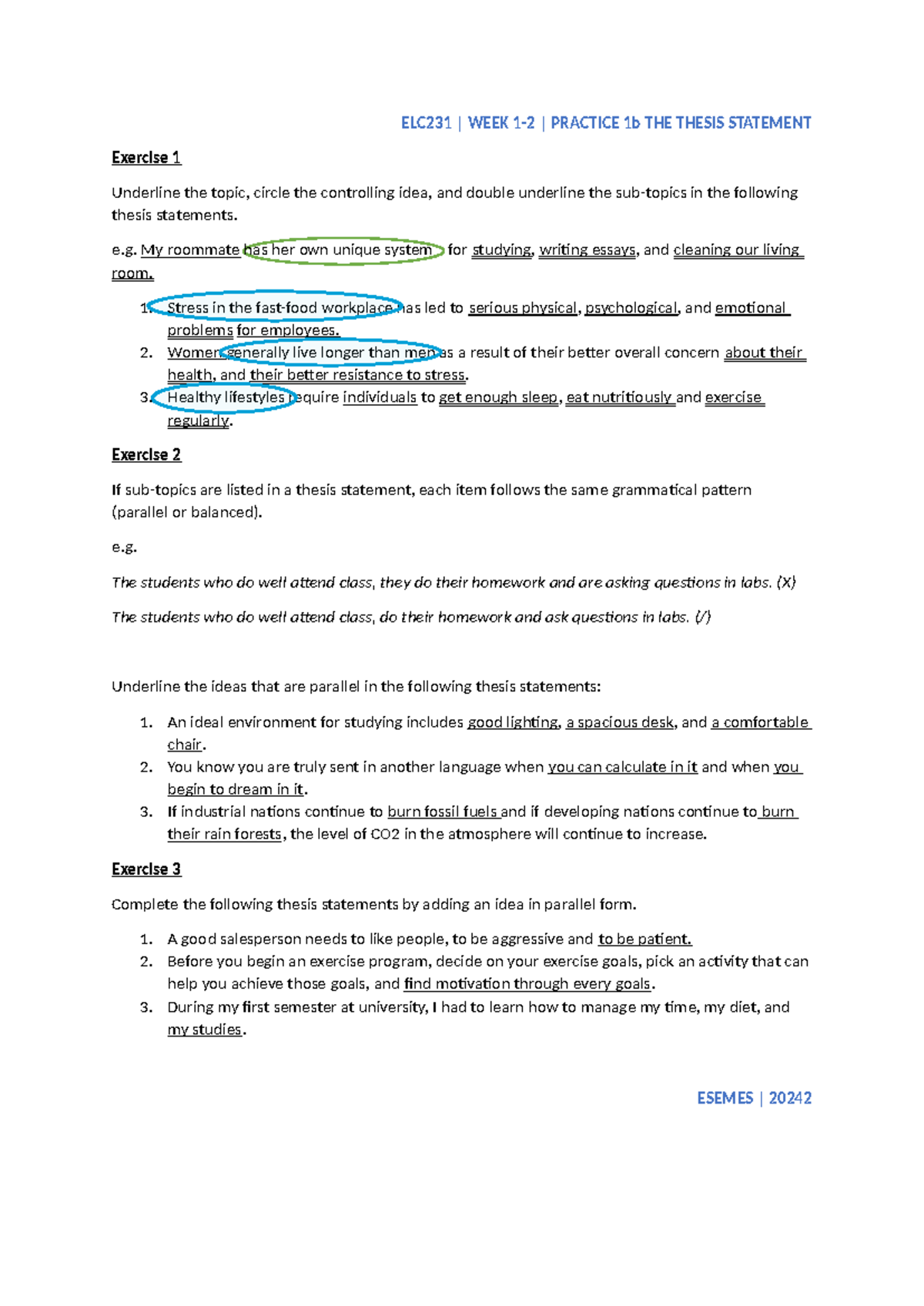 ELC231 | WEEK 1-2 | PRACTICE 1b: Mastering the Thesis Statement - Studocu