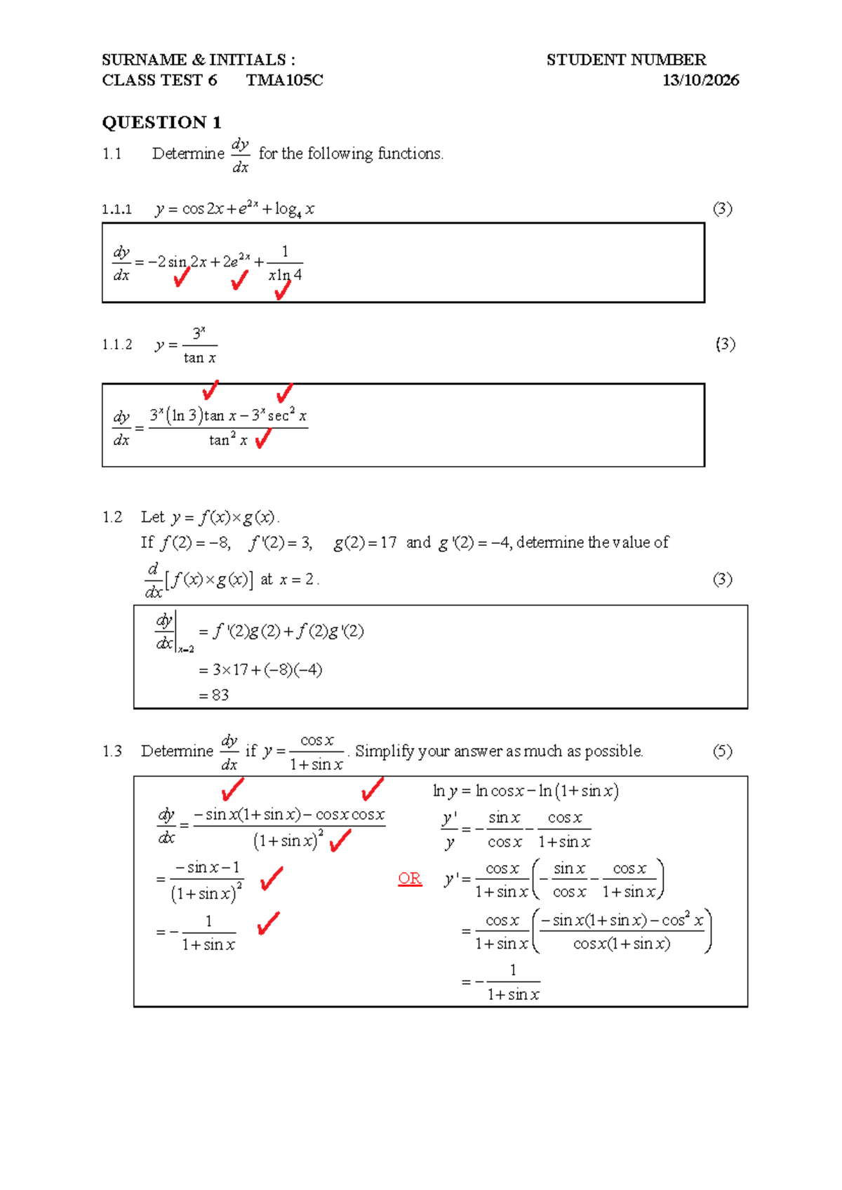 TMA105C Class Test 6 Solutions and Explanations - Studocu