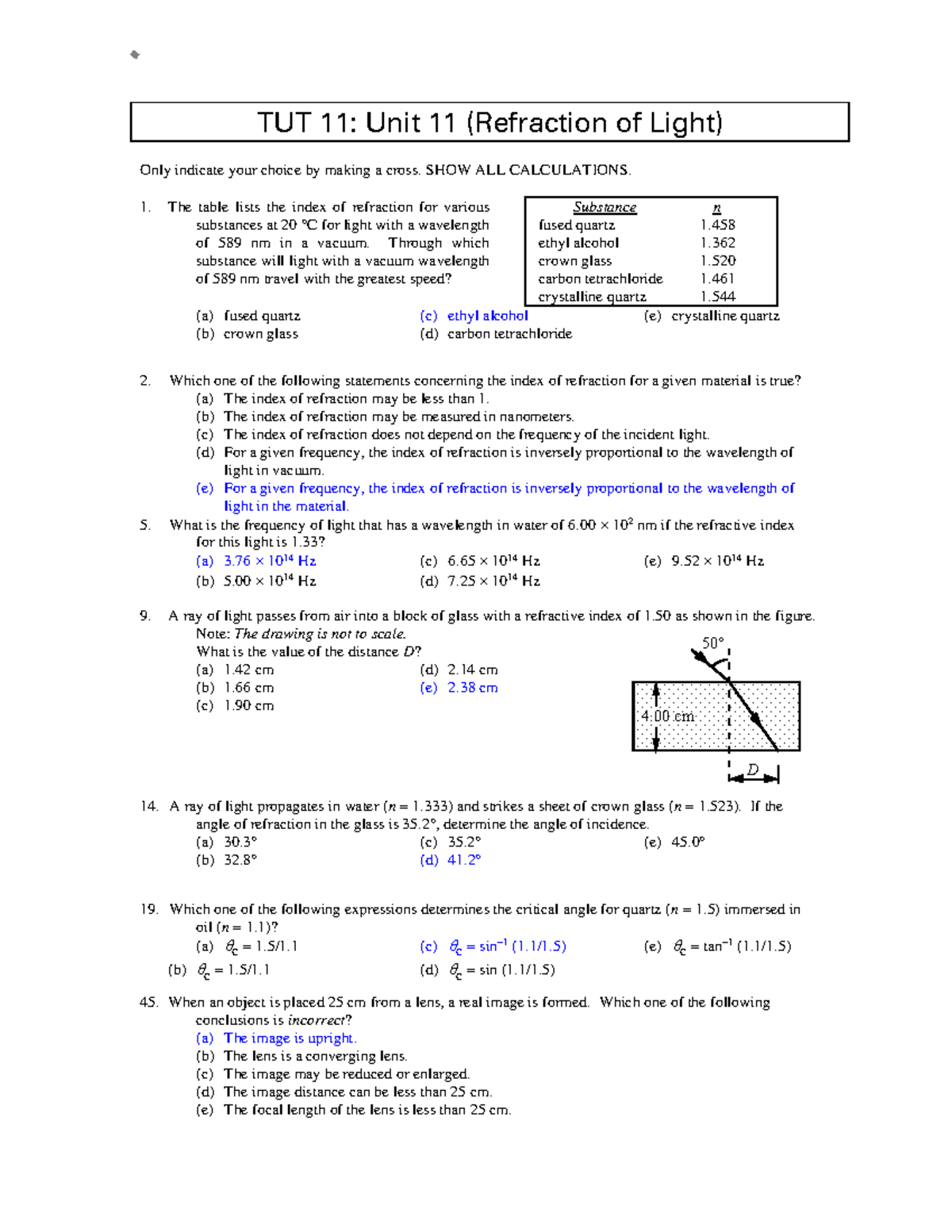 TUT 11: Refraction of Light - Multiple Choice Questions - Studocu
