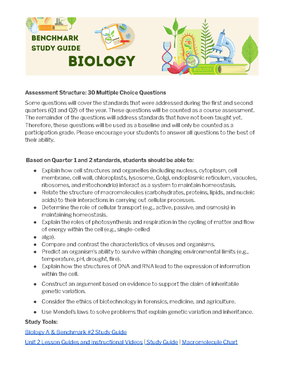 Biology A &amp; Benchmark #2 Study Guide: DNA, Cells, and Biotechnology - BENCHMARK # 1 Assessment ...