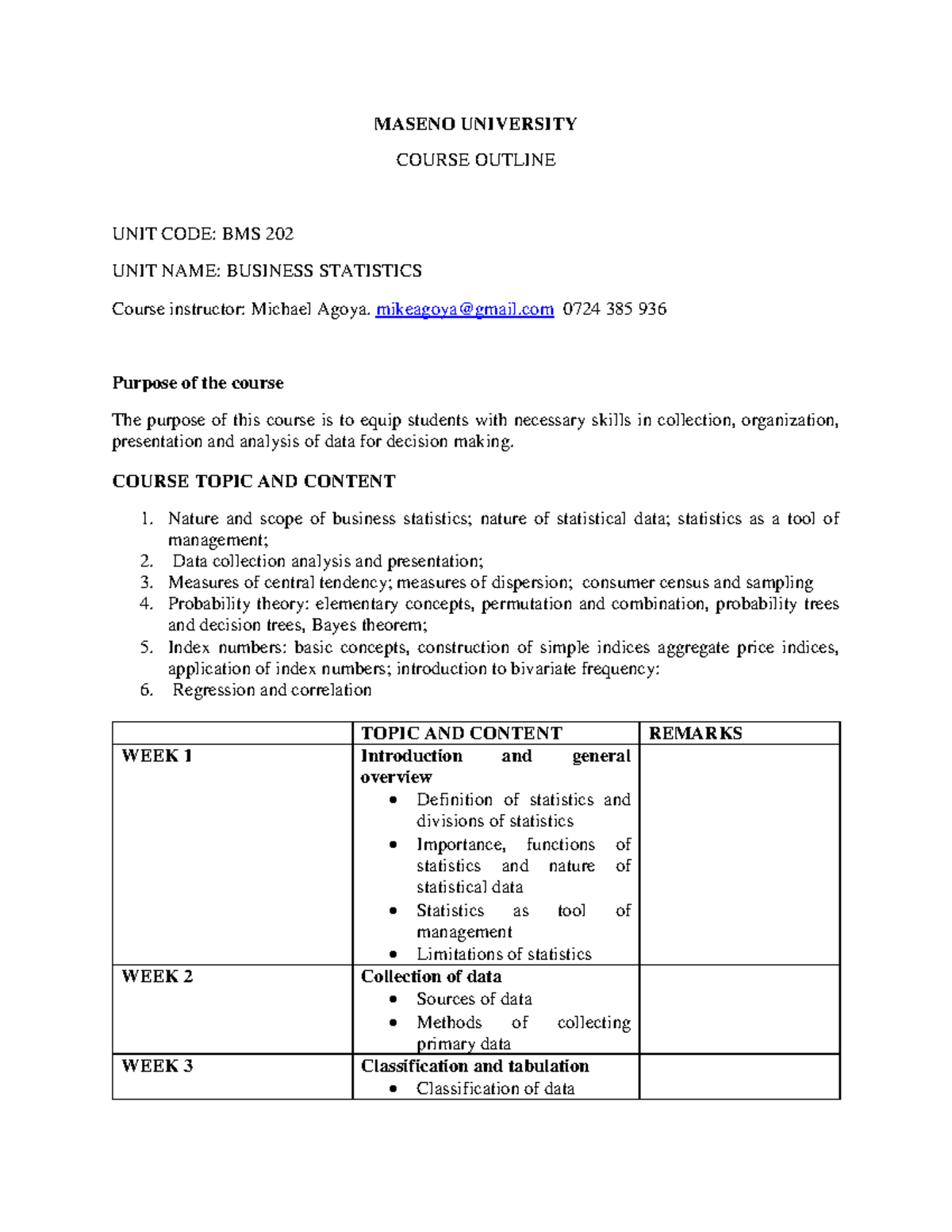 BMS 202 Business Statistics Course Outline and Content Overview - Studocu