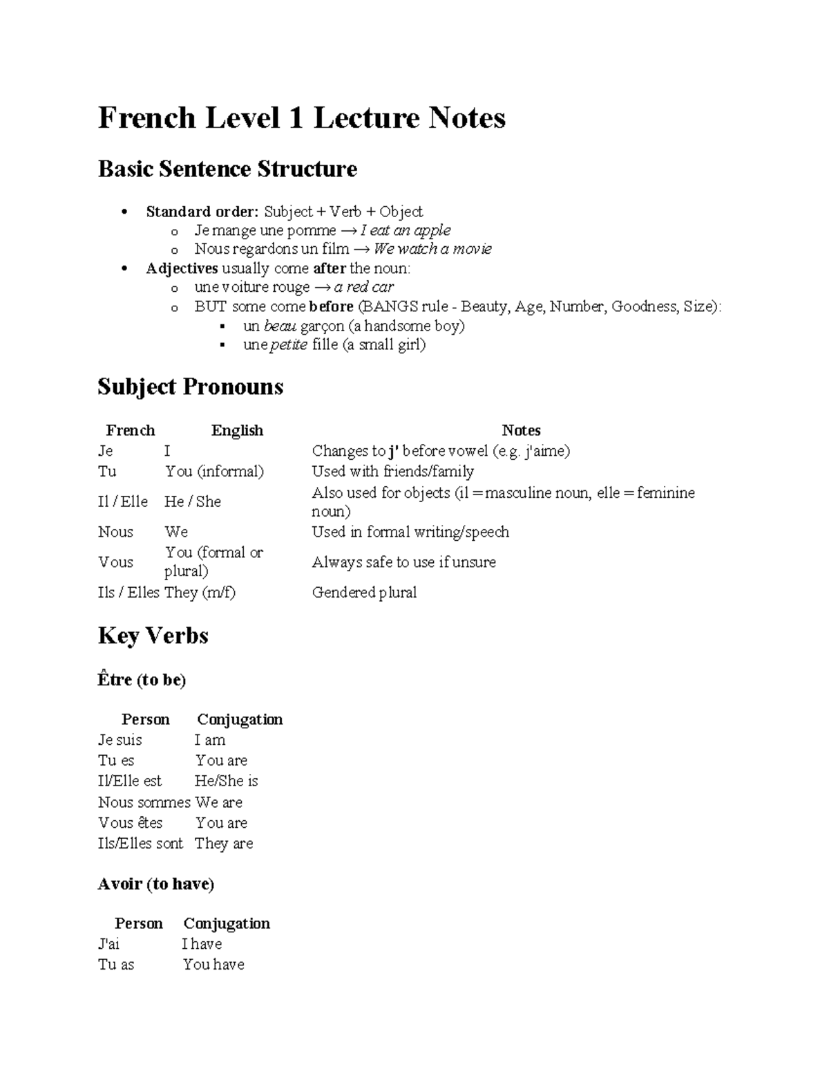 LAF1201 - French 1 Lecture Notes on Basic Sentence Structure - Studocu