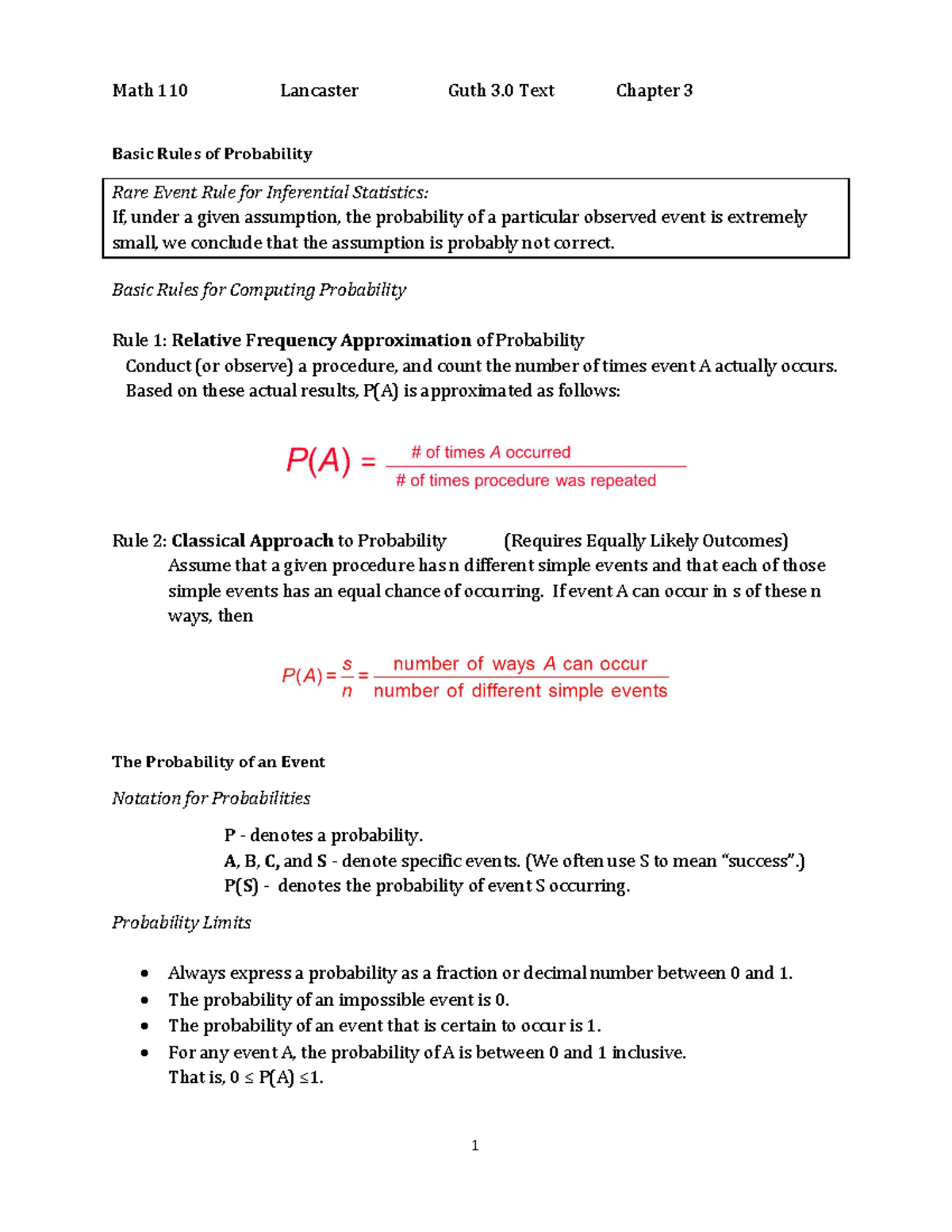Math 110 Ch. 3 Notes: Basic Rules of Probability and Techniques - Studocu
