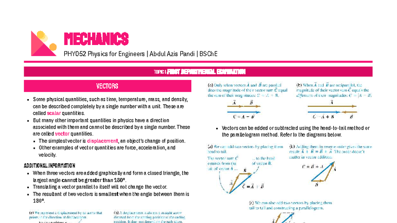 PHY052 Mechanics for Engineers: Topic 1 - Vectors & Motion - Studocu