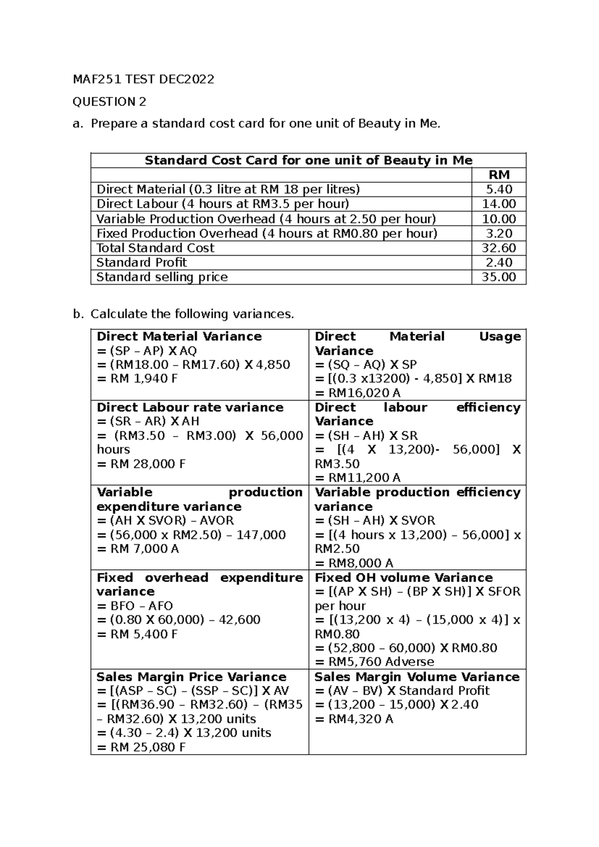 MAF251 Final Test Review Dec 2022: Cost Cards & Variance Analysis - Studocu