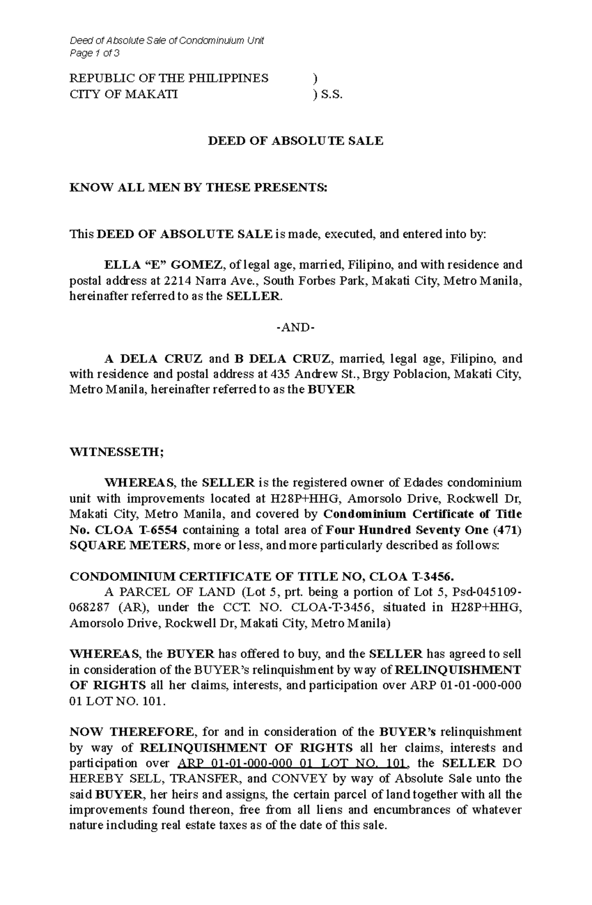 Deed of Absolute Sale of Condominium Unit - Legal Document - Studocu