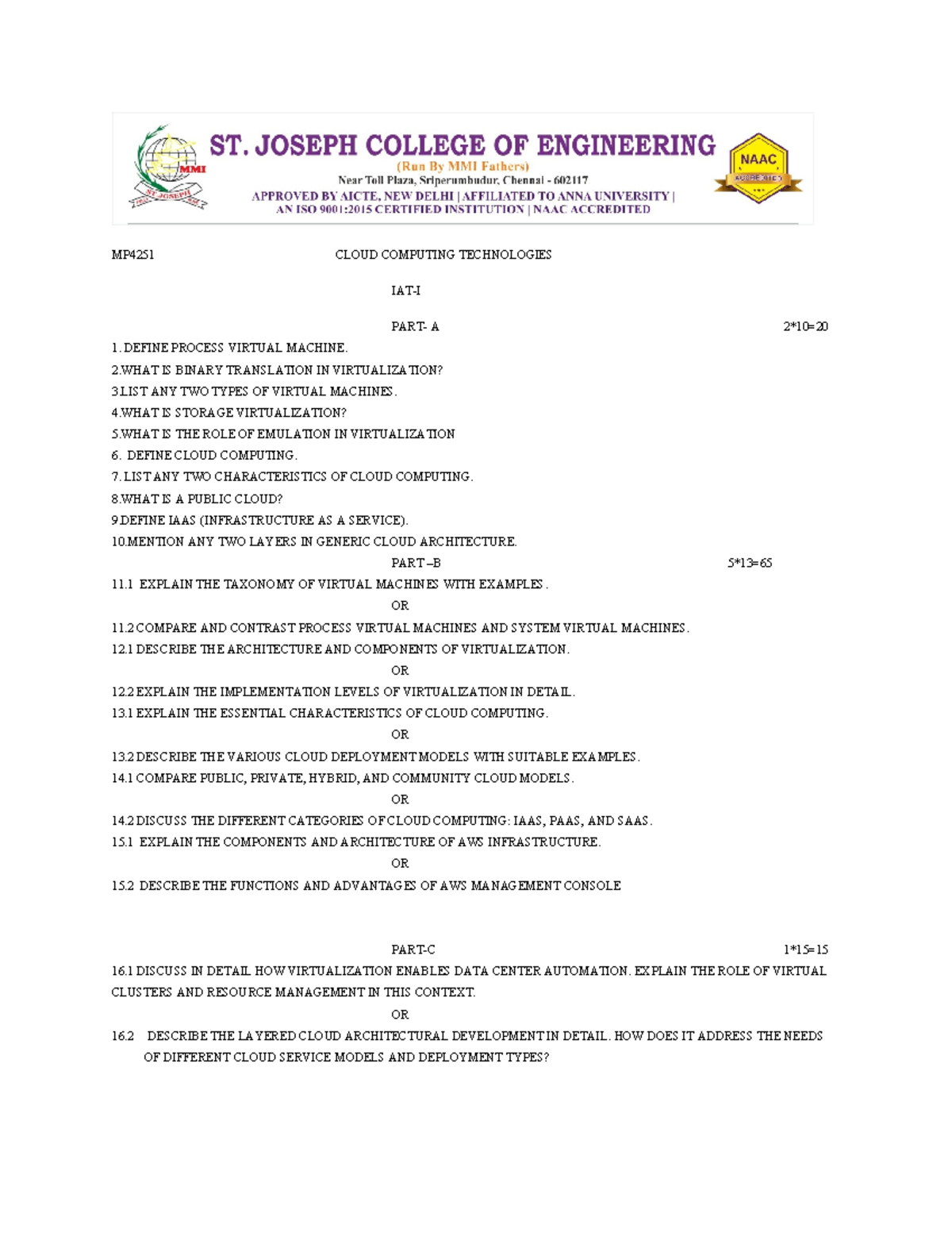 Cloud Computing Technologies MP4251 Question Paper - Studocu